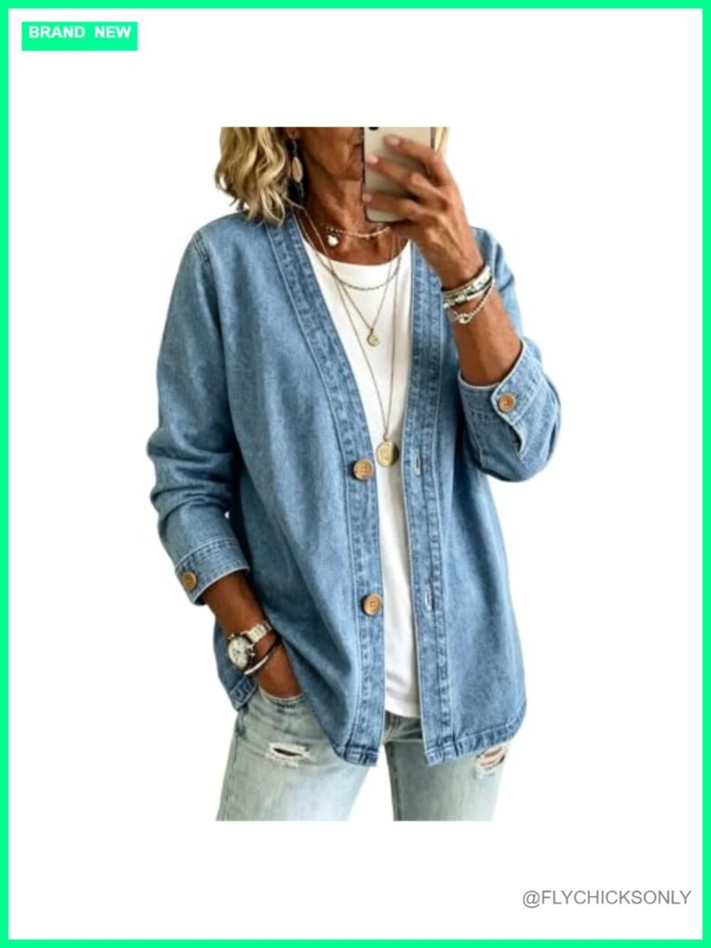 Women's Lightweight Denim Jacket V Neck Button Front Casual Jean Jacket